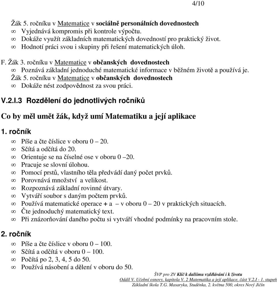 Žák 5. ročníku v Matematice v občanských dovednostech Dokáže nést zodpovědnost za svou práci. V.2.I.3 Rozdělení do jednotlivých ročníků Co by měl umět žák, když umí Matematiku a její aplikace 1.