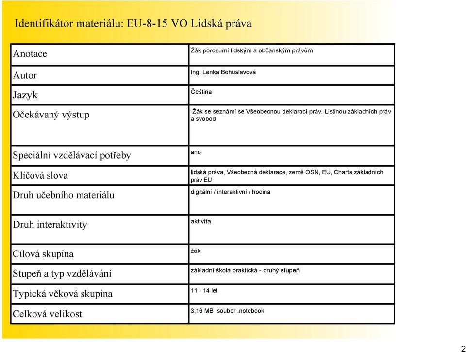 Druh učebního materiálu ano lidská práva, Všeobecná deklarace, země OSN, EU, Charta základních práv EU digitální / interaktivní / hodina Druh