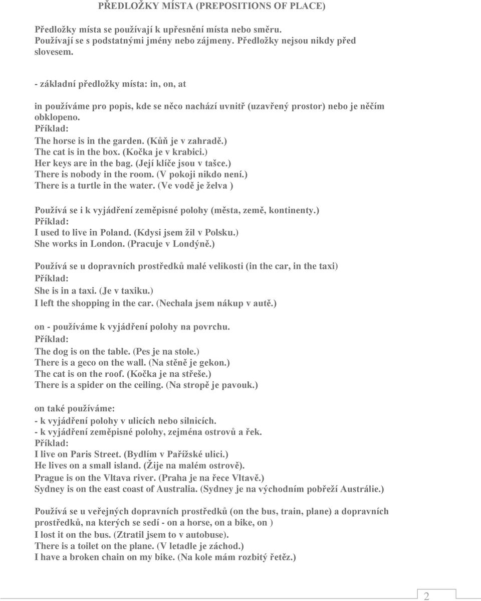 ) The cat is in the box. (Kočka je v krabici.) Her keys are in the bag. (Její klíče jsou v tašce.) There is nobody in the room. (V pokoji nikdo není.) There is a turtle in the water.