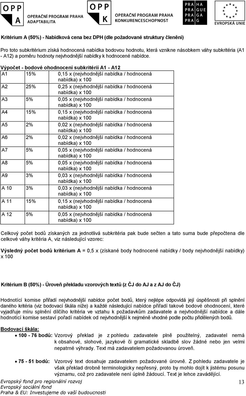 Výpočet - bodové ohodnocení subkritérií A1 - A12 A1 15% 0,15 x (nejvhodnější nabídka / hodnocená A2 25% 0,25 x (nejvhodnější nabídka / hodnocená A3 5% 0,05 x (nejvhodnější nabídka / hodnocená A4 15%