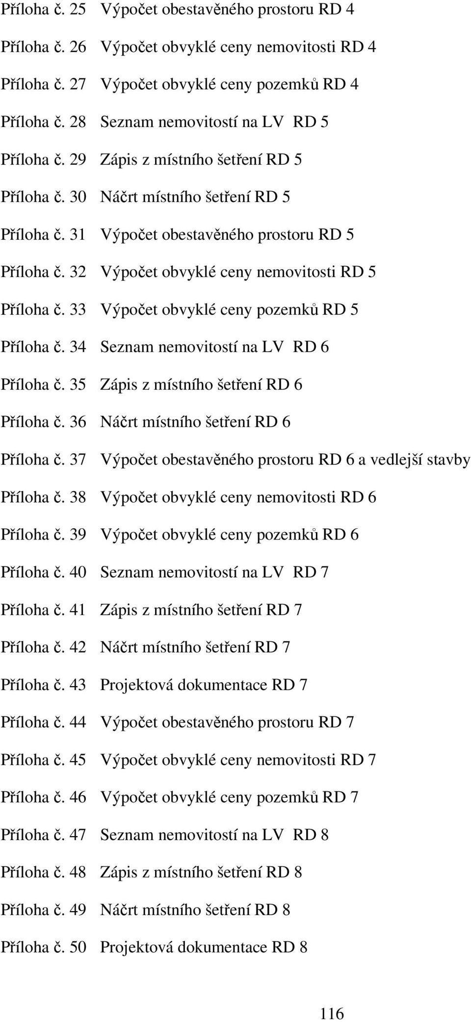 32 Výpočet obvyklé ceny nemovitosti RD 5 Příloha č. 33 Výpočet obvyklé ceny pozemků RD 5 Příloha č. 34 Seznam nemovitostí na LV RD 6 Příloha č. 35 Zápis z místního šetření RD 6 Příloha č.