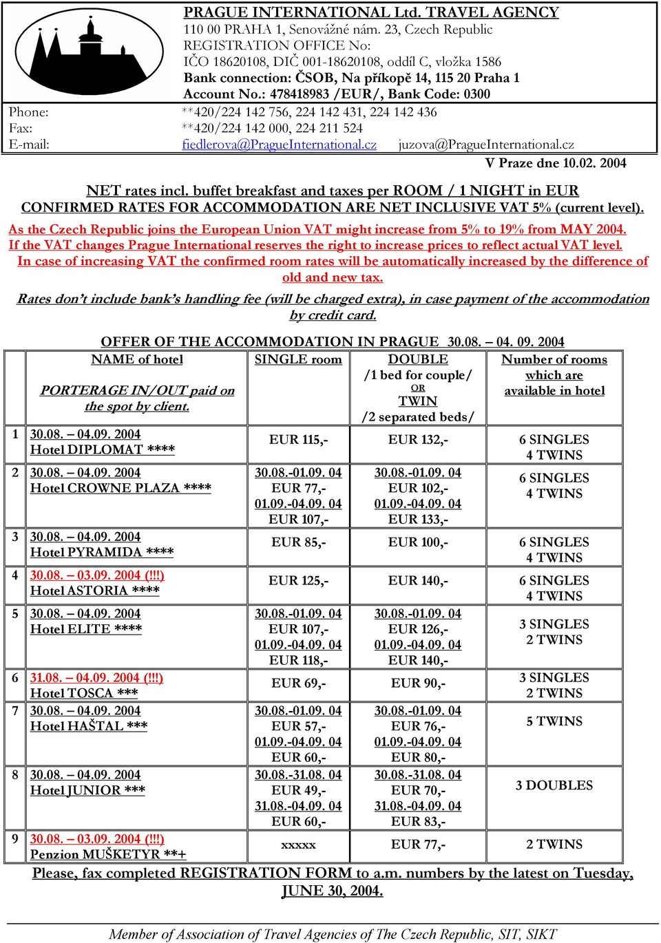 If the VAT changes Prague International reserves the right to increase prices to reflect actual VAT level.