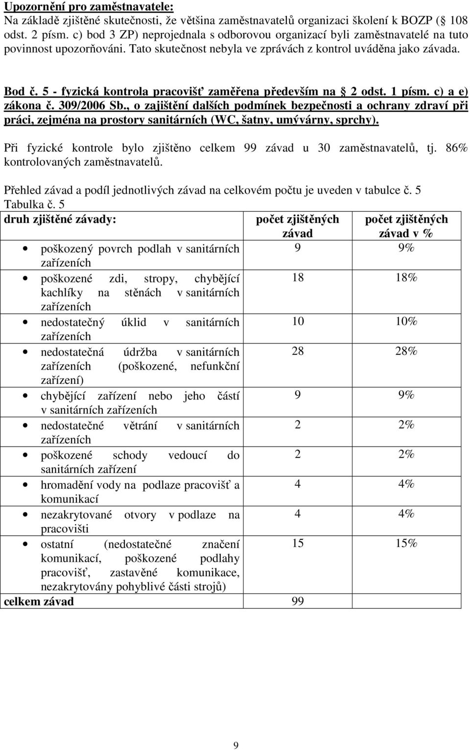 5 - fyzická kontrola pracovišť zaměřena především na 2 odst. 1 písm. c) a e) zákona č. 309/2006 Sb.