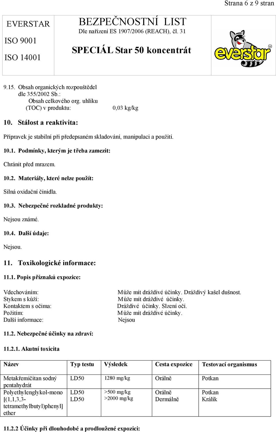 Materiály, které nelze použít: Silná oxidační činidla. 10.3. Nebezpečné rozkladné produkty: Nejsou známé. 10.4. Další údaje: Nejsou. 11. Toxikologické informace: 11.1. Popis příznaků expozice: Vdechováním: Stykem s kůží: Kontaktem s očima: Požitím: Další informace: Může mít dráždivé účinky.