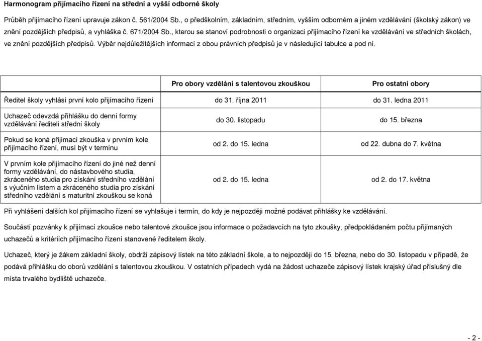 , kterou se stanoví podrobnosti o organizaci přijímacího řízení ke vzdělávání ve středních školách, ve znění pozdějších předpisů.