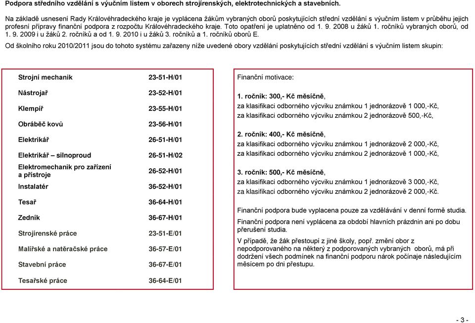 Královéhradeckého kraje. Toto opatření je uplatněno od 1. 9. 2008 u ţáků 1. ročníků vybraných oborů, od 1. 9. 2009 i u ţáků 2. ročníků a od 1. 9. 2010 i u ţáků 3. ročníků a 1. ročníků oborů E.