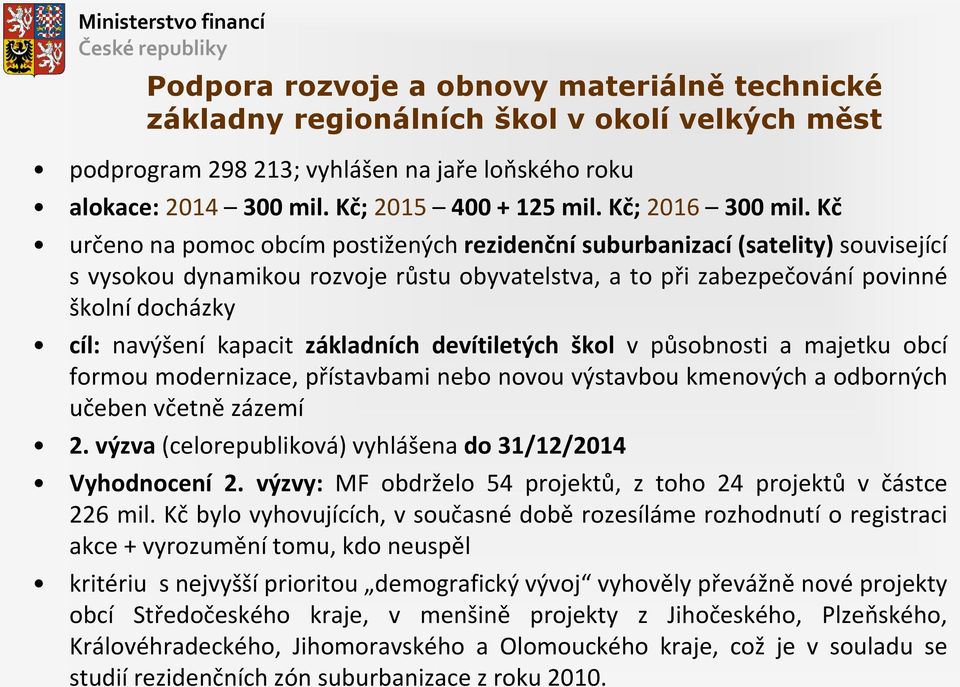 Kč určeno na pomoc obcím postižených rezidenční suburbanizací (satelity) související s vysokou dynamikou rozvoje růstu obyvatelstva, a to při zabezpečování povinné školní docházky cíl: navýšení