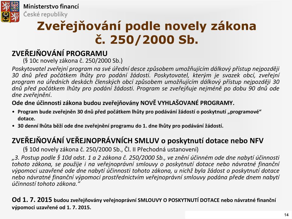 Program se zveřejňuje nejméně po dobu 90 dnů ode dne zveřejnění. Ode dne účinnosti zákona budou zveřejňovány NOVĚ VYHLAŠOVANÉ PROGRAMY.