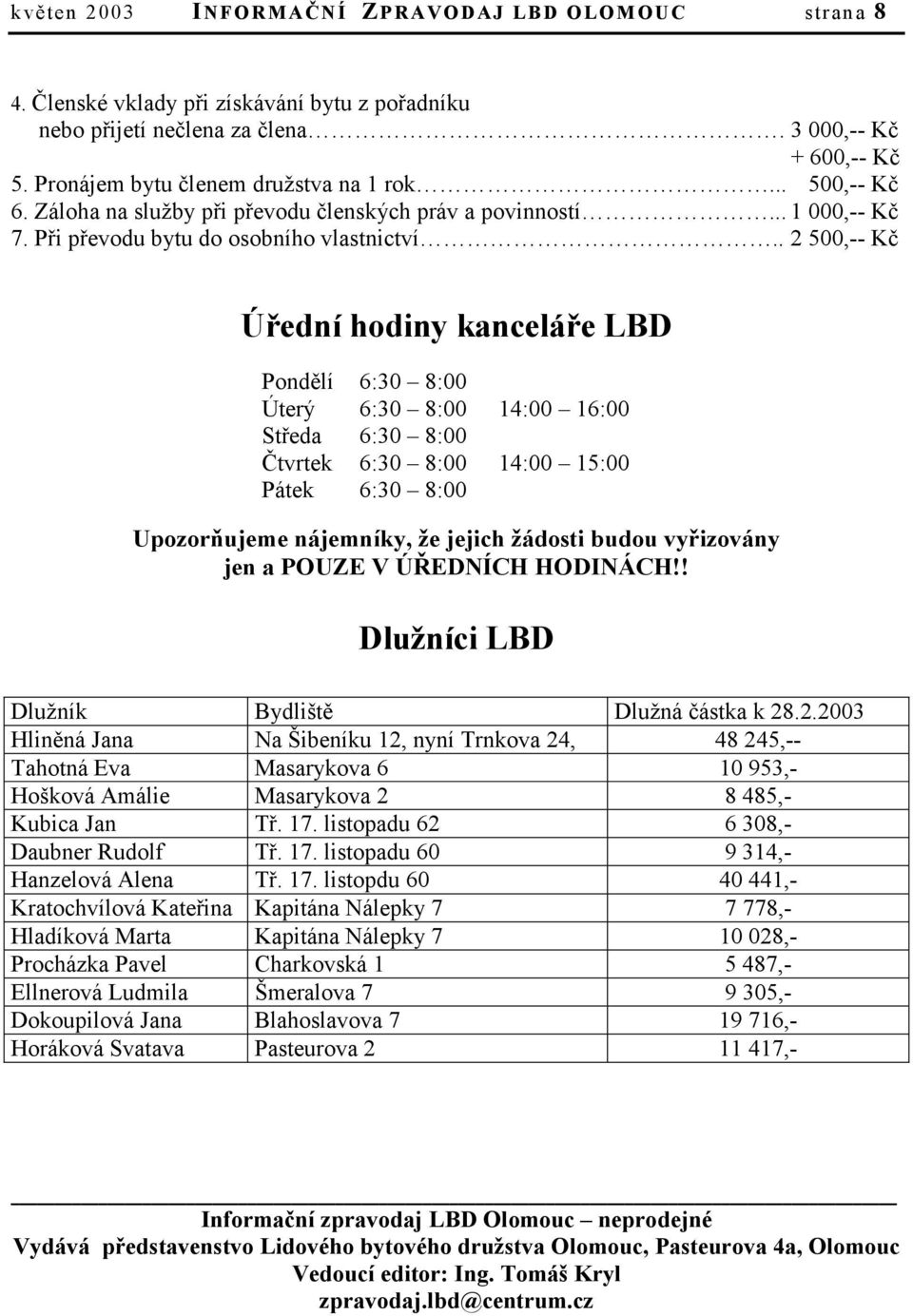 . 2 500,-- Kč Úřední hodiny kanceláře LBD Pondělí 6:30 8:00 Úterý 6:30 8:00 14:00 16:00 Středa 6:30 8:00 Čtvrtek 6:30 8:00 14:00 15:00 Pátek 6:30 8:00 Upozorňujeme nájemníky, že jejich žádosti budou