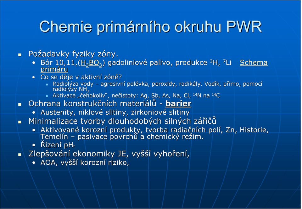Vodík, přímo, p pomocí radiolýzy NH 3 Aktivace čehokoliv,, nečistoty: Ag, Sb,, As, Na, Cl, 14 N na 14 C Ochrana konstrukčních materiálů - barier Austenity,, niklové