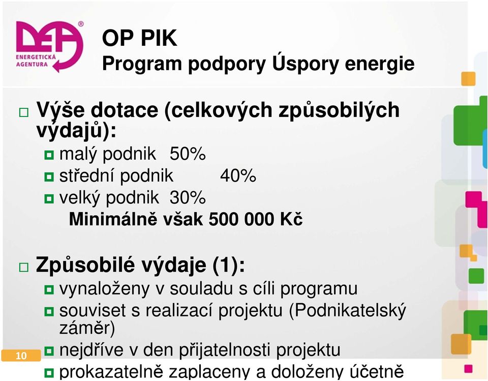 programu souviset s realizací projektu (Podnikatelský záměr) 10 OP PIK Program podpory