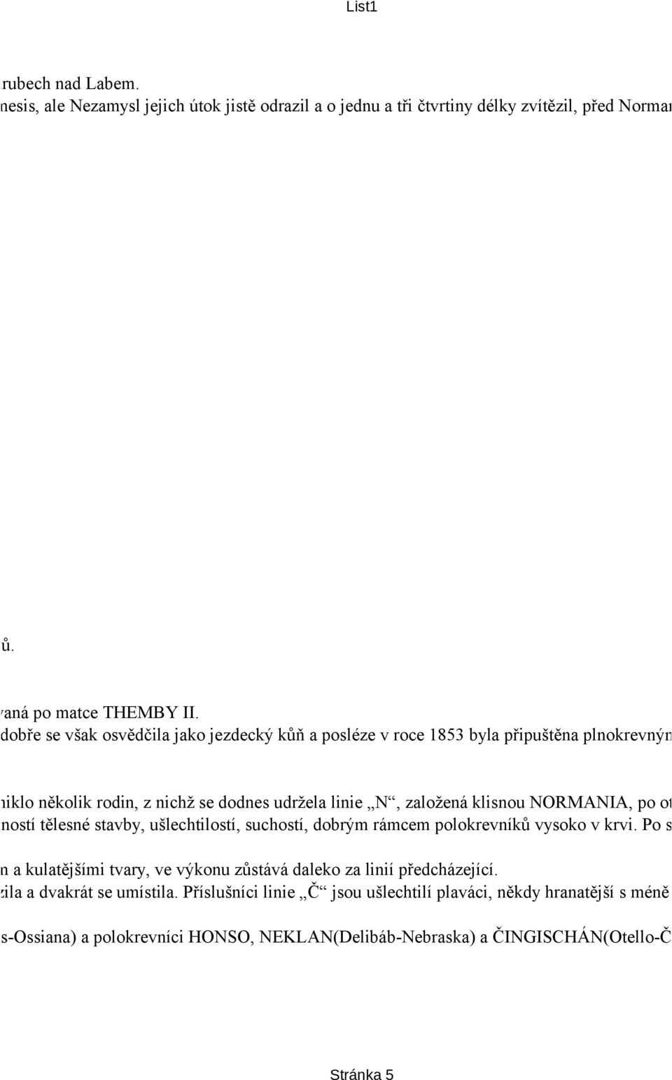 Velmi dobře se však osvědčila jako jezdecký kůň a posléze v roce 1853 byla připuštěna plnokrevným arabským ryzákem ky a tak vzniklo několik rodin, z nichž se dodnes udržela linie N, založená klisnou