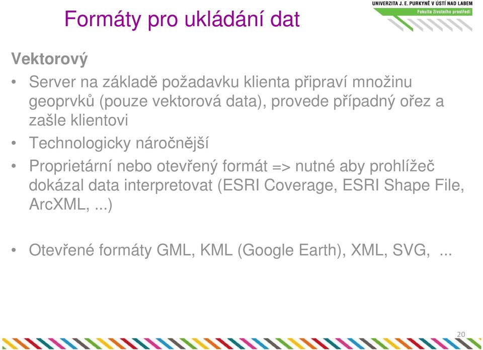 náročnější Proprietární nebo otevřený formát => nutné aby prohlížeč dokázal data