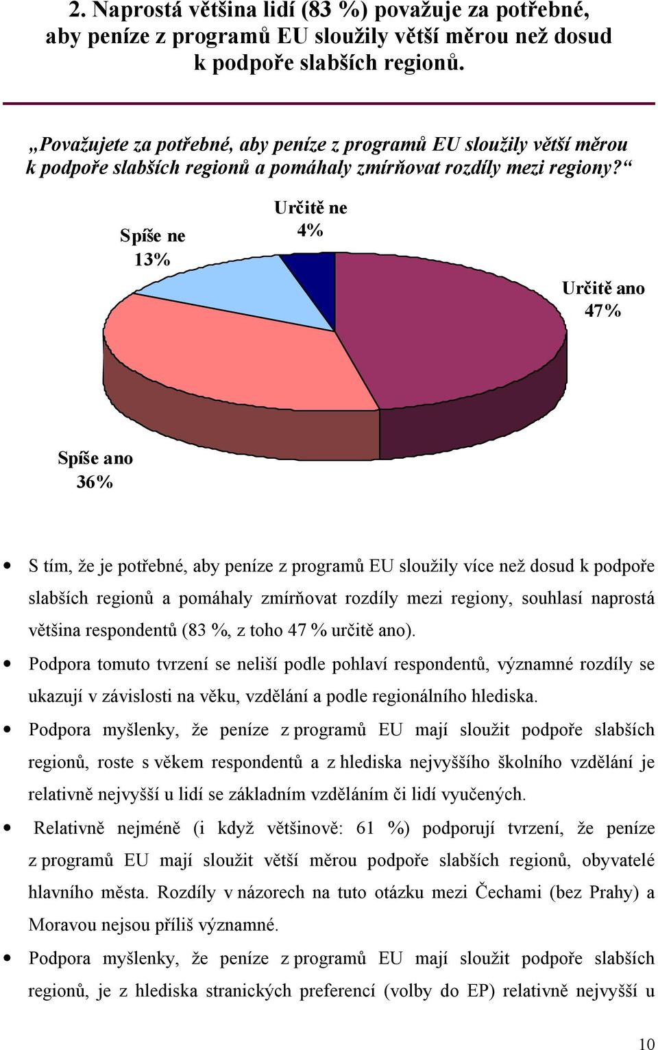 Spíše ne Určitě ne 4 Určitě ano 47 Spíše ano 36 S tím, že je potřebné, aby peníze z programů EU sloužily více než dosud k podpoře slabších regionů a pomáhaly zmírňovat rozdíly mezi regiony, souhlasí