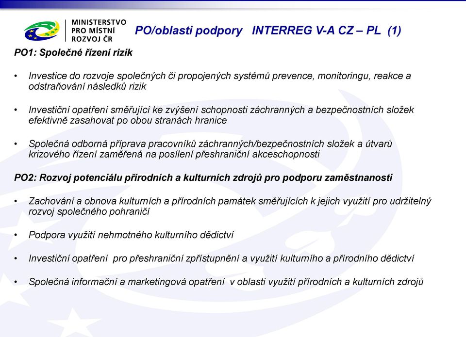 přeshraniční akceschopnosti PO2: Rozvoj potenciálu přírodních a kulturních zdrojů pro podporu zaměstnanosti Zachování a obnova kulturních a přírodních památek směřujících k jejich využití pro