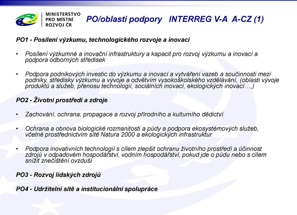 produktů a služeb, přenosu technologií, sociálních inovací, ekologických inovací,) PO2 - Životní prostředí a zdroje Zachování, ochrana, propagace a rozvoj přírodního a kulturního dědictví Ochrana a