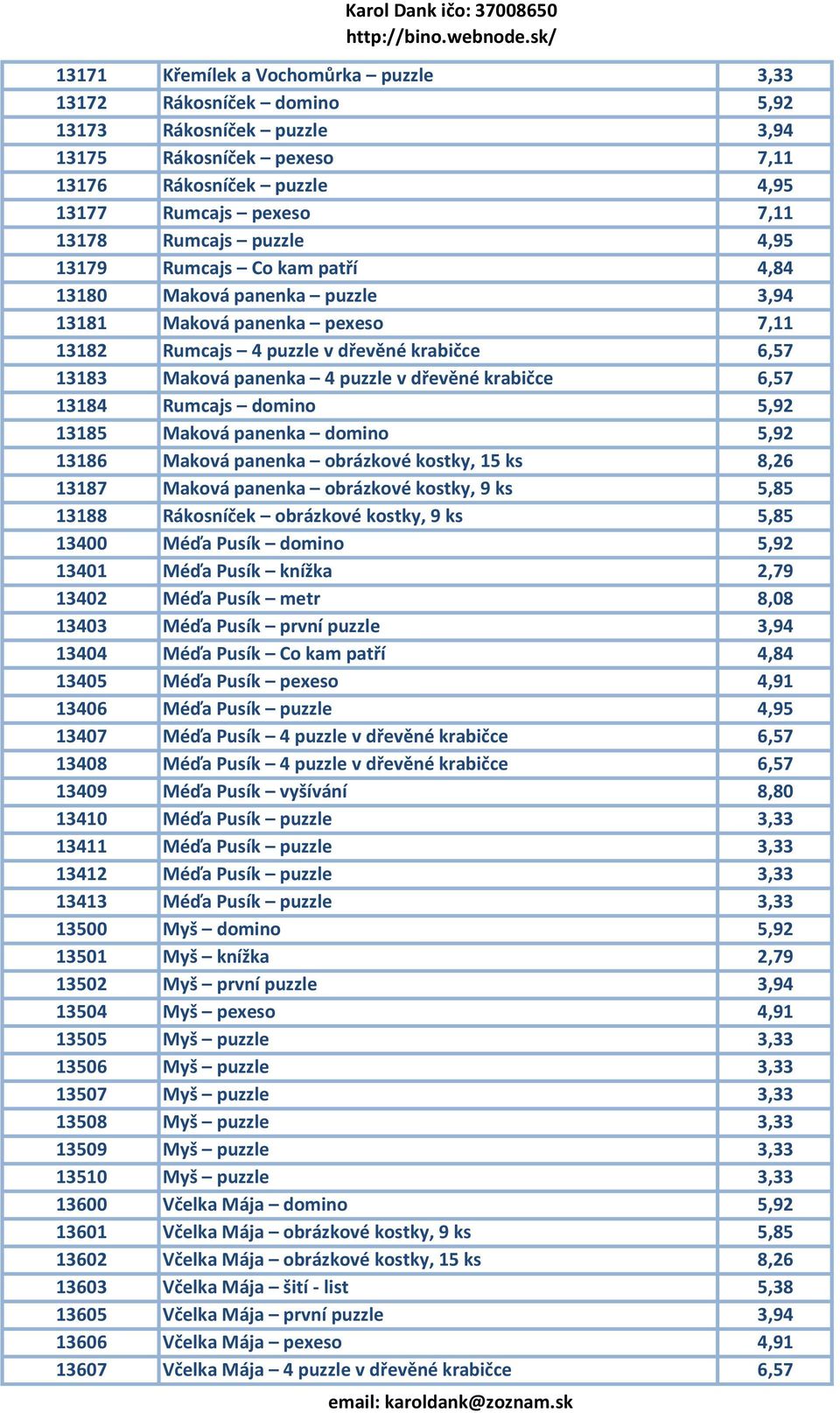 krabičce 6,57 13184 Rumcajs domino 5,92 13185 Maková panenka domino 5,92 13186 Maková panenka obrázkové kostky, 15 ks 8,26 13187 Maková panenka obrázkové kostky, 9 ks 5,85 13188 Rákosníček obrázkové