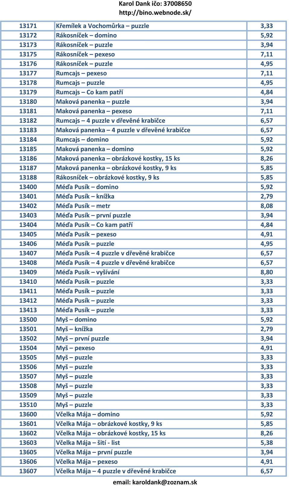 krabičce 6,57 13184 Rumcajs domino 5,92 13185 Maková panenka domino 5,92 13186 Maková panenka obrázkové kostky, 15 ks 8,26 13187 Maková panenka obrázkové kostky, 9 ks 5,85 13188 Rákosníček obrázkové