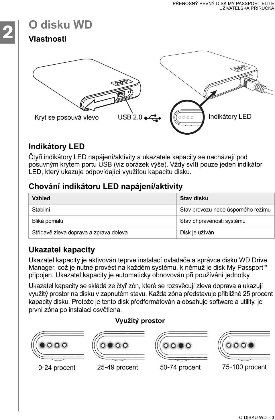 Vždy svítí pouze jeden indikátor LED, který ukazuje odpovídající využitou kapacitu disku.