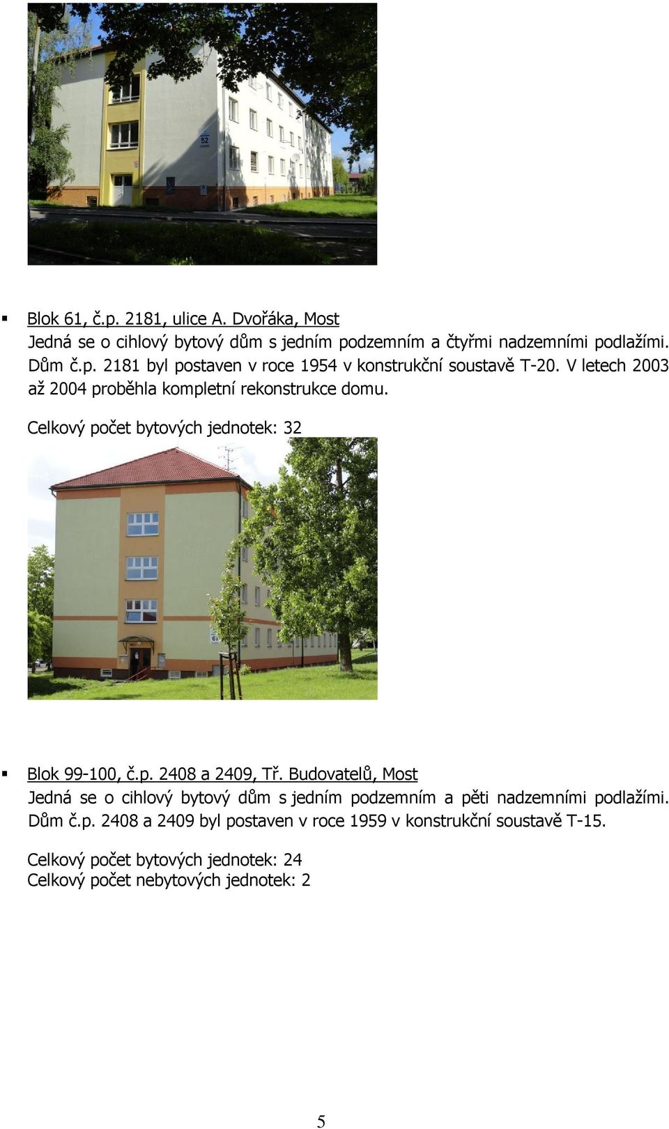 Budovatelů, Most Jedná se o cihlový bytový dům s jedním podzemním a pěti nadzemními podlažími. Dům č.p. 2408 a 2409 byl postaven v roce 1959 v konstrukční soustavě T-15.