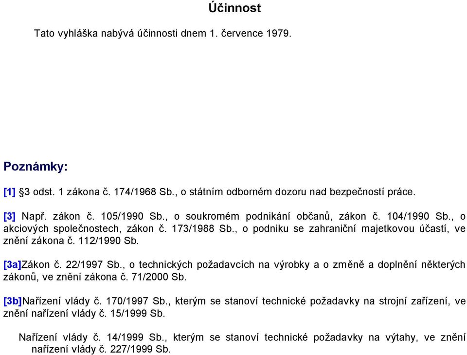 112/1990 Sb. [3a]Zákon č. 22/1997 Sb., o technických požadavcích na výrobky a o změně a doplnění některých zákonů, ve znění zákona č. 71/2000 Sb. [3b]Nařízení vlády č. 170/1997 Sb.