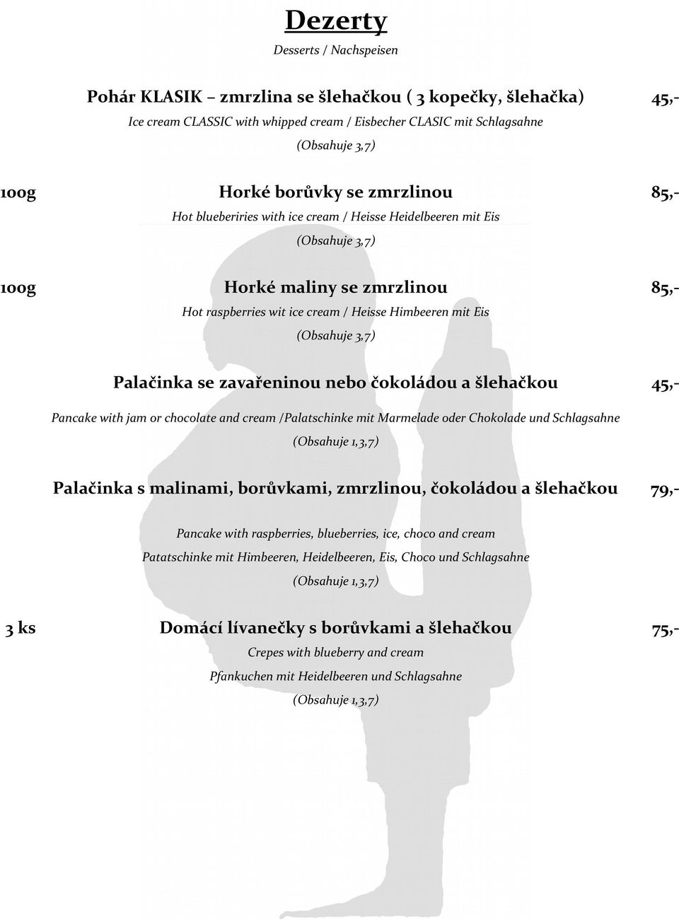 a šlehačkou 45,- Pancake with jam or chocolate and cream /Palatschinke mit Marmelade oder Chokolade und Schlagsahne Palačinka s malinami, borůvkami, zmrzlinou, čokoládou a šlehačkou 79,- Pancake with