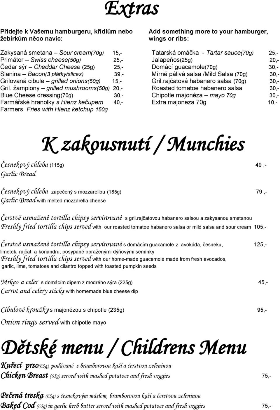 žampiony grilled mushrooms(50g) 20,- Blue Cheese dressing(70g) 30,- Farmářské hranolky s Hienz kečupem 40,- Farmers Fries with Hienz ketchup 150g Add something more to your hamburger, wings or ribs: