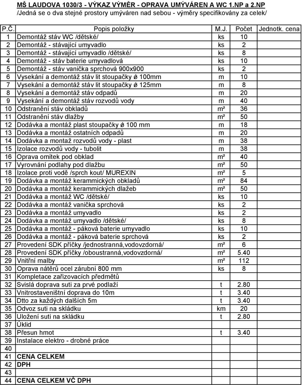 900x900 ks 2 6 Vysekání a demontáž stáv lit stoupačky ǿ 100mm m 10 7 Vysekání a demontáž stáv lit stoupačky ǿ 125mm m 8 8 Vysekání a demontáž stáv odpadů m 20 9 Vysekání a demontáž stáv rozvodů vody