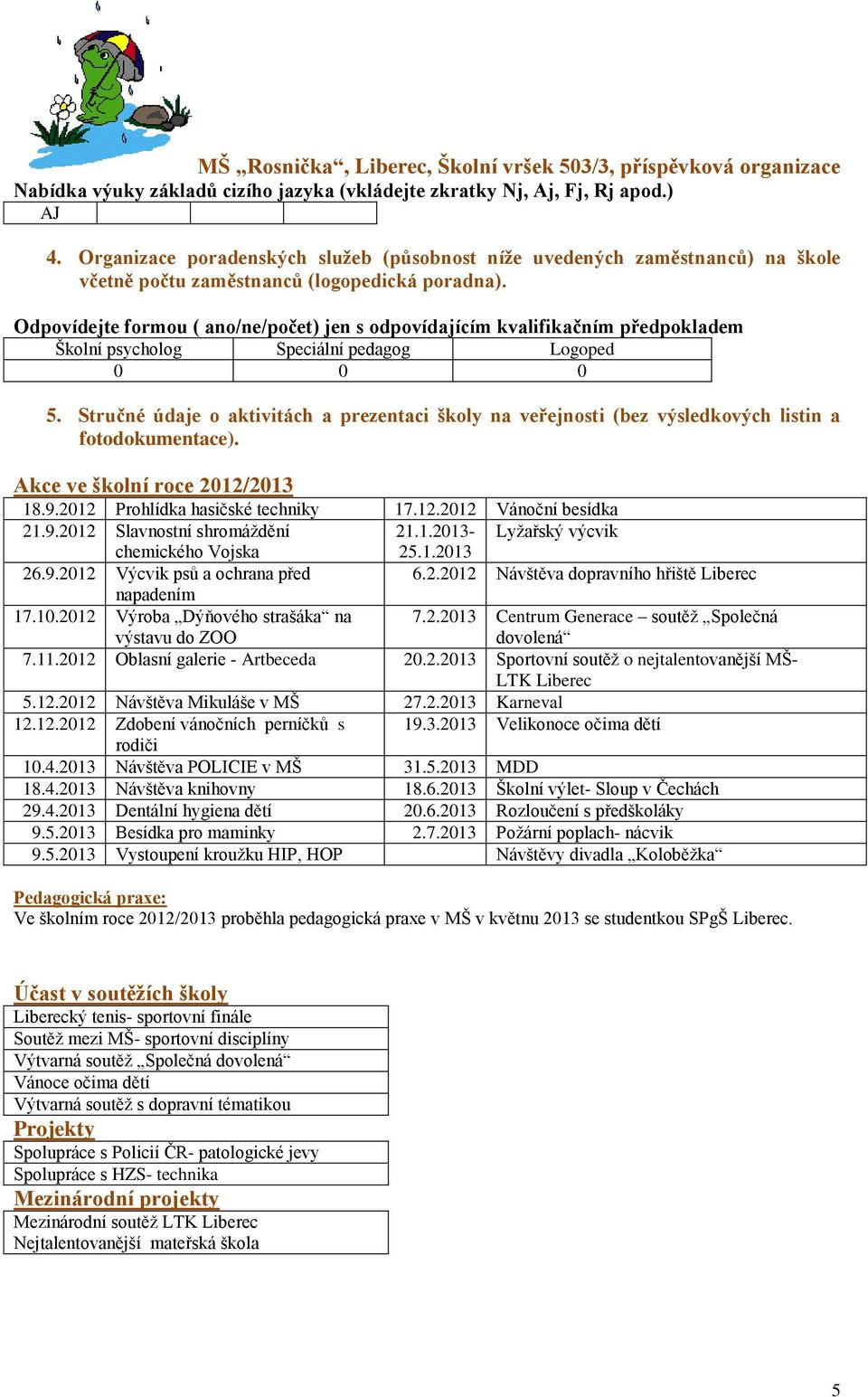 Odpovídejte formou ( ano/ne/počet) jen s odpovídajícím kvalifikačním předpokladem Školní psycholog Speciální pedagog Logoped 0 0 0 5.