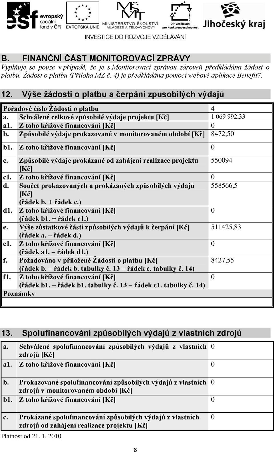 Schválené celkové způsobilé výdaje projektu [Kč] 1 69 992,33 a1. Z toho křížové financování [Kč] b. Způsobilé výdaje prokazované v monitorovaném období [Kč] 8472,5 b1.