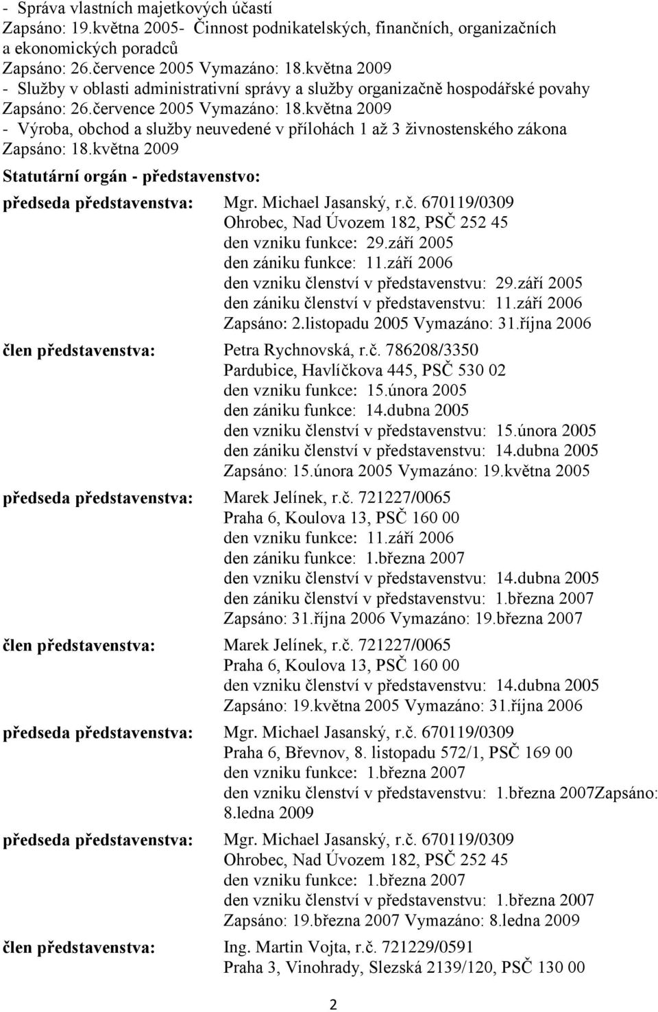 května 2009 - Výroba, obchod a služby neuvedené v přílohách 1 až 3 živnostenského zákona Zapsáno: 18.května 2009 Statutární orgán - představenstvo: předseda představenstva: Mgr. Michael Jasanský, r.č.