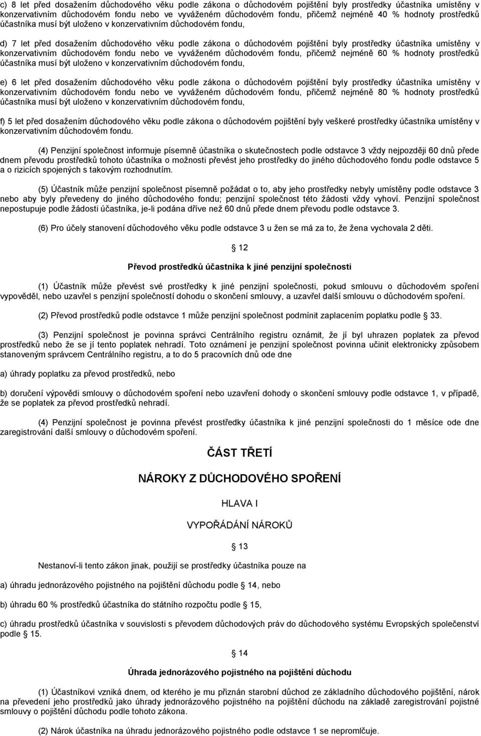 konzervativním důchodovém fondu nebo ve vyváženém důchodovém fondu, přičemž nejméně 60 % hodnoty prostředků účastníka musí být uloženo v konzervativním důchodovém fondu, e) 6 let před dosažením