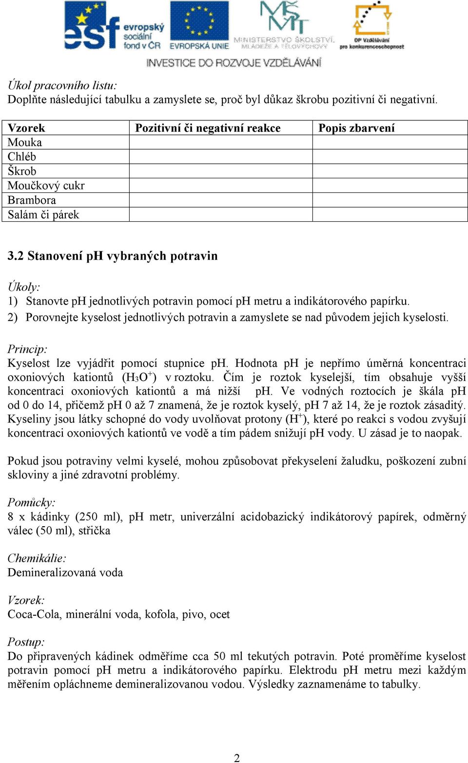 2 Stanovení ph vybraných potravin Úkoly: 1) Stanovte ph jednotlivých potravin pomocí ph metru a indikátorového papírku.