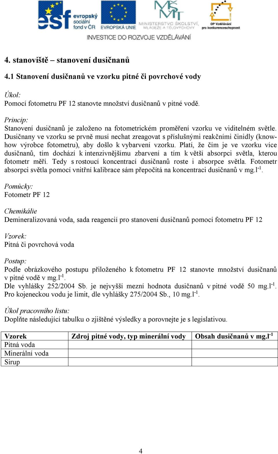 Dusičnany ve vzorku se prvně musí nechat zreagovat s příslušnými reakčními činidly (knowhow výrobce fotometru), aby došlo k vybarvení vzorku.