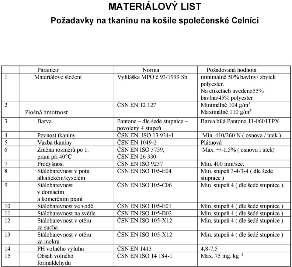 4 Pevnost tkaniny ČSN EN ISO 13 934-1 Min. 410/260 N ( osnova / útek ) 5 Vazba tkaniny ČSN EN 1049-2 Plátnová 6 Změna rozměrů po 1. ČSN EN ISO 3759, Max.