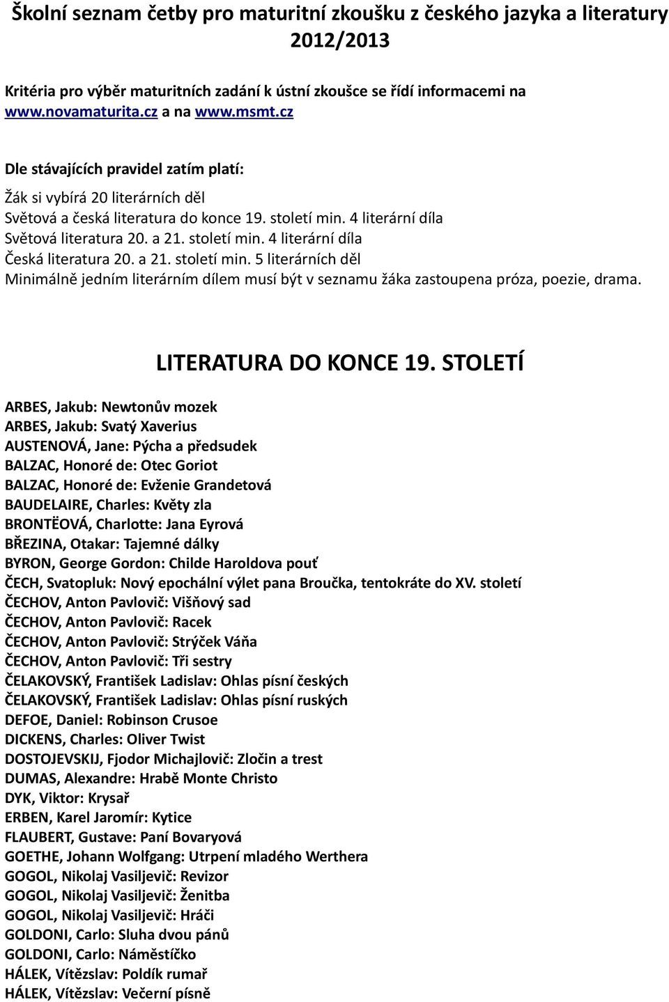 a 21. století min. 5 literárních děl Minimálně jedním literárním dílem musí být v seznamu žáka zastoupena próza, poezie, drama. LITERATURA DO KONCE 19.