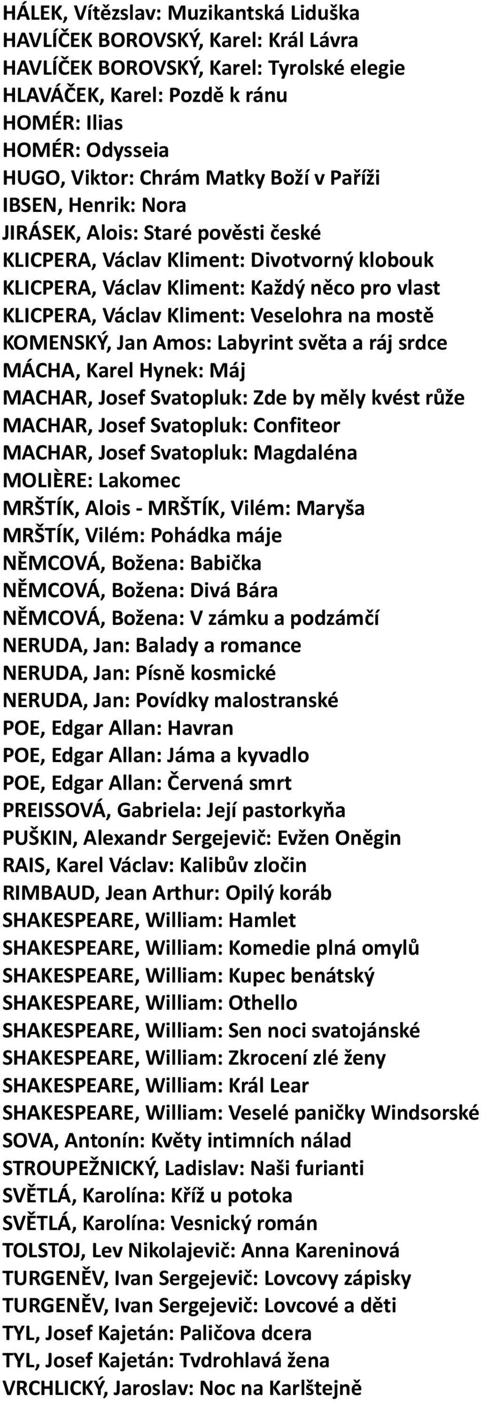 Veselohra na mostě KOMENSKÝ, Jan Amos: Labyrint světa a ráj srdce MÁCHA, Karel Hynek: Máj MACHAR, Josef Svatopluk: Zde by měly kvést růže MACHAR, Josef Svatopluk: Confiteor MACHAR, Josef Svatopluk: