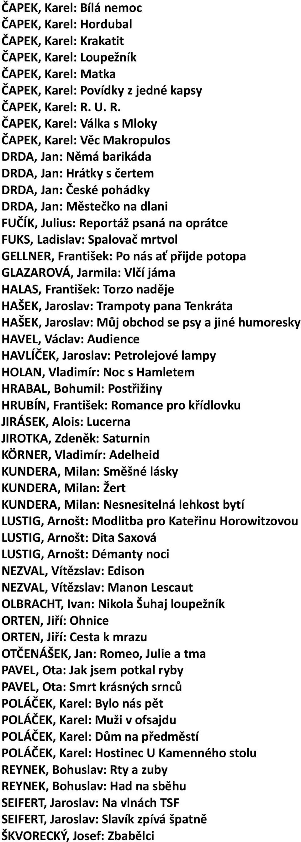 na oprátce FUKS, Ladislav: Spalovač mrtvol GELLNER, František: Po nás ať přijde potopa GLAZAROVÁ, Jarmila: Vlčí jáma HALAS, František: Torzo naděje HAŠEK, Jaroslav: Trampoty pana Tenkráta HAŠEK,