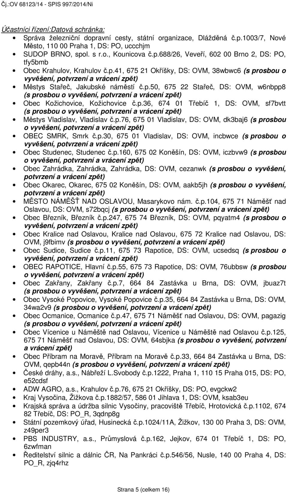 p.36, 674 01 Třebíč 1, DS: OVM, sf7bvtt (s prosbou o vyvěšení, potvrzení a vrácení zpět) Městys Vladislav, Vladislav č.p.76, 675 01 Vladislav, DS: OVM, dk3baj6 (s prosbou o vyvěšení, potvrzení a vrácení zpět) OBEC SMRK, Smrk č.