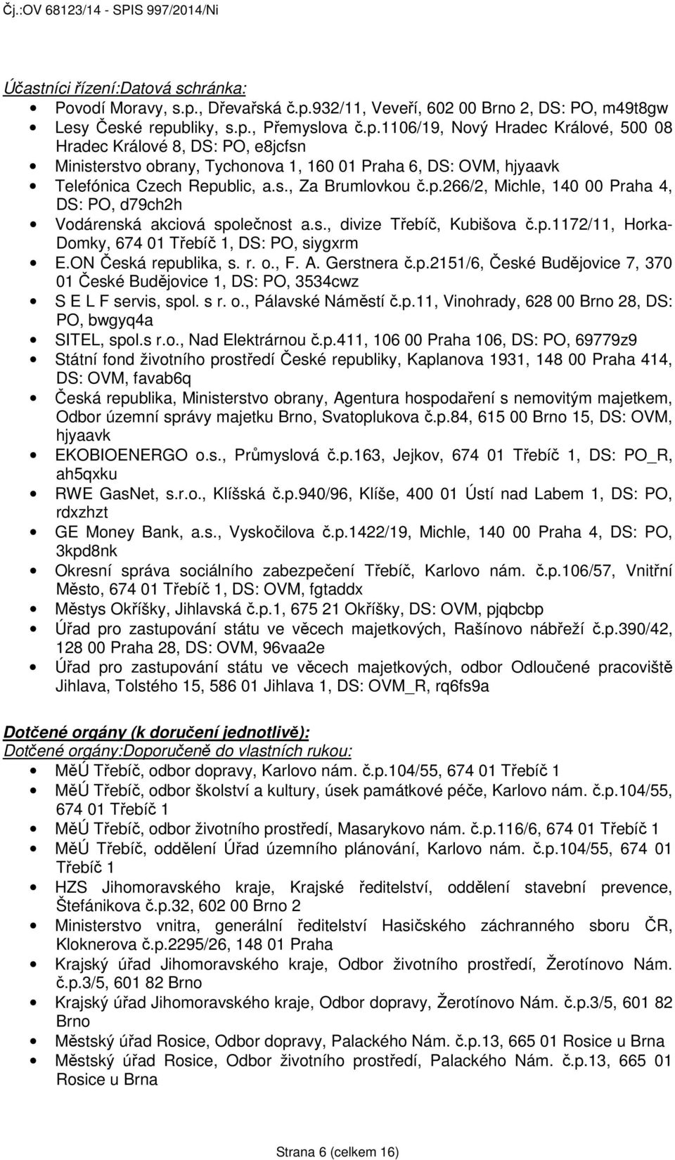 s., Za Brumlovkou č.p.266/2, Michle, 140 00 Praha 4, DS: PO, d79ch2h Vodárenská akciová společnost a.s., divize Třebíč, Kubišova č.p.1172/11, Horka- Domky, 674 01 Třebíč 1, DS: PO, siygxrm E.