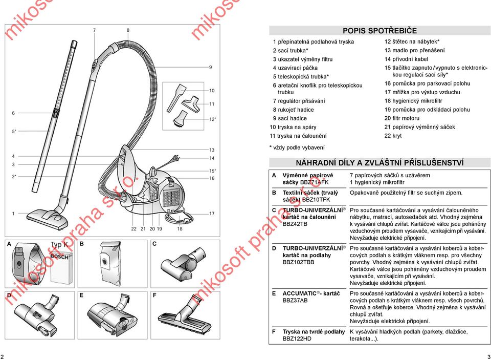 elektronickou regulací sací síly* 16 pomůcka pro parkovací polohu 17 mřížka pro výstup vzduchu 18 hygienický mikrofiltr 19 pomůcka pro odkládací polohu 20 filtr motoru 21 papírový výměnný sáček 22