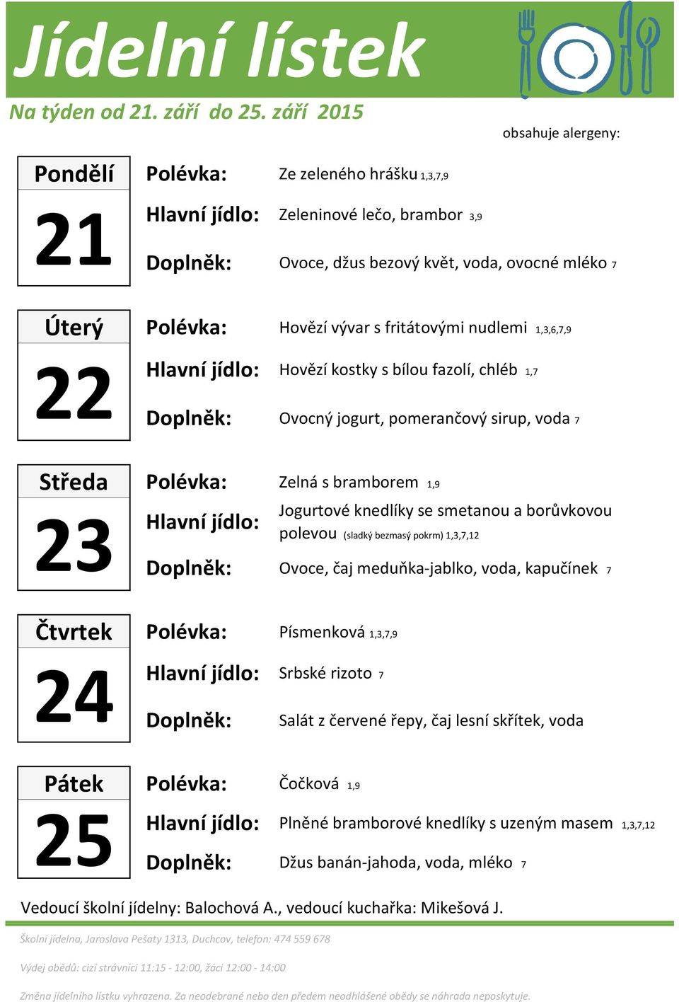 nudlemi 1,3,6,7,9 22 Hovězí kostky s bílou fazolí, chléb 1,7 Ovocný jogurt, pomerančový sirup, voda 7 Středa Zelná s bramborem 1,9 23 Jogurtové knedlíky se