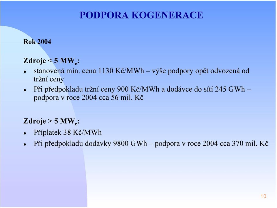 ceny 900 Kč/MWh a dodávce do sítí 245 GWh podpora v roce 2004 cca 56 mil.