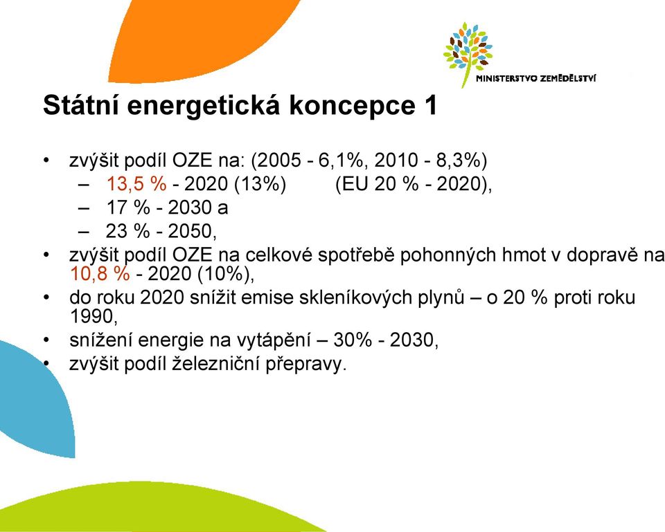 pohonných hmot v dopravě na 10,8 % - 2020 (10%), do roku 2020 sníţit emise skleníkových