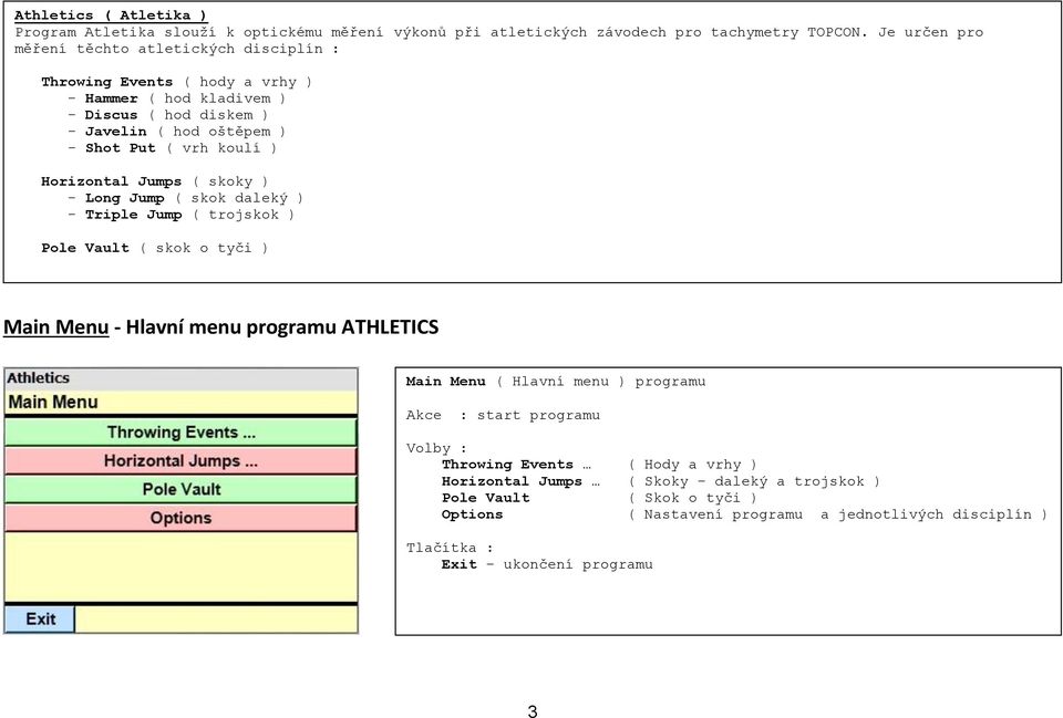 koulí ) Horizontal Jumps ( skoky ) - Long Jump ( skok daleký ) - Triple Jump ( trojskok ) Pole Vault ( skok o tyči ) Main Menu - Hlavní menu programu ATHLETICS Main Menu (