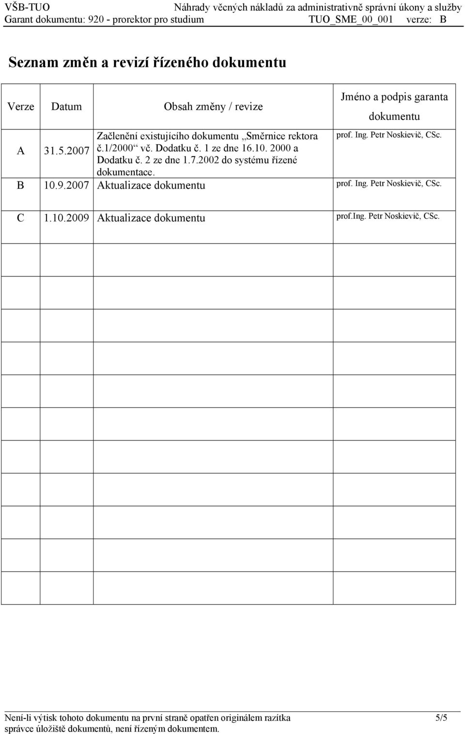 2 ze dne 1.7.2002 do systému řízené dokumentace. B 10.9.2007 Aktualizace dokumentu prof. Ing. Petr Noskievič, CSc. C 1.10.2009 Aktualizace dokumentu prof.