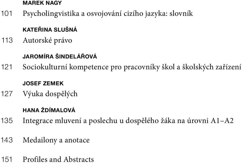 školských zařízení JOSEF ZEMEK 127 Výuka dospělých HANA ŽDÍMALOVÁ 135 Integrace mluvení a
