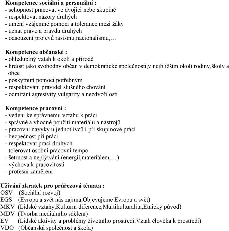 pomoci potřebným - respektování pravidel slušného chování - odmítání agresivity,vulgarity a nezdvořilosti Kompetence pracovní : - vedení ke správnému vztahu k práci - správné a vhodné použití