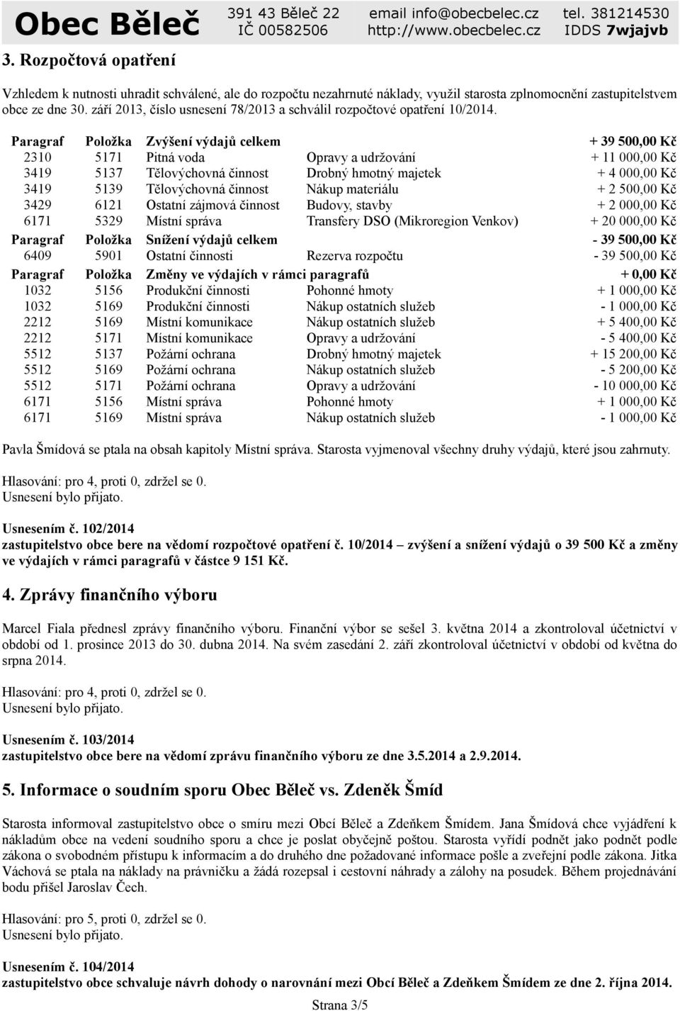 Paragraf Položka Zvýšení výdajů celkem + 39 500,00 Kč 2310 5171 Pitná voda Opravy a udržování + 11 000,00 Kč 3419 5137 Tělovýchovná činnost Drobný hmotný majetek + 4 000,00 Kč 3419 5139 Tělovýchovná