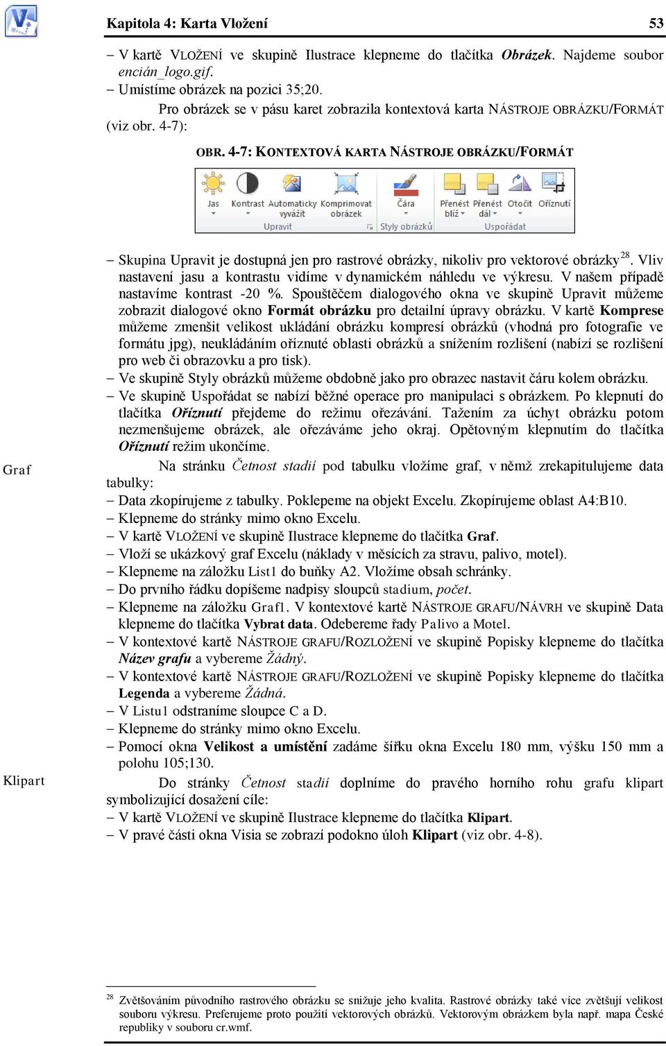 4-7: KONTEXTOVÁ KARTA NÁSTROJE OBRÁZKU/FORMÁT Graf Klipart Skupina Upravit je dostupná jen pro rastrové obrázky, nikoliv pro vektorové obrázky 28.